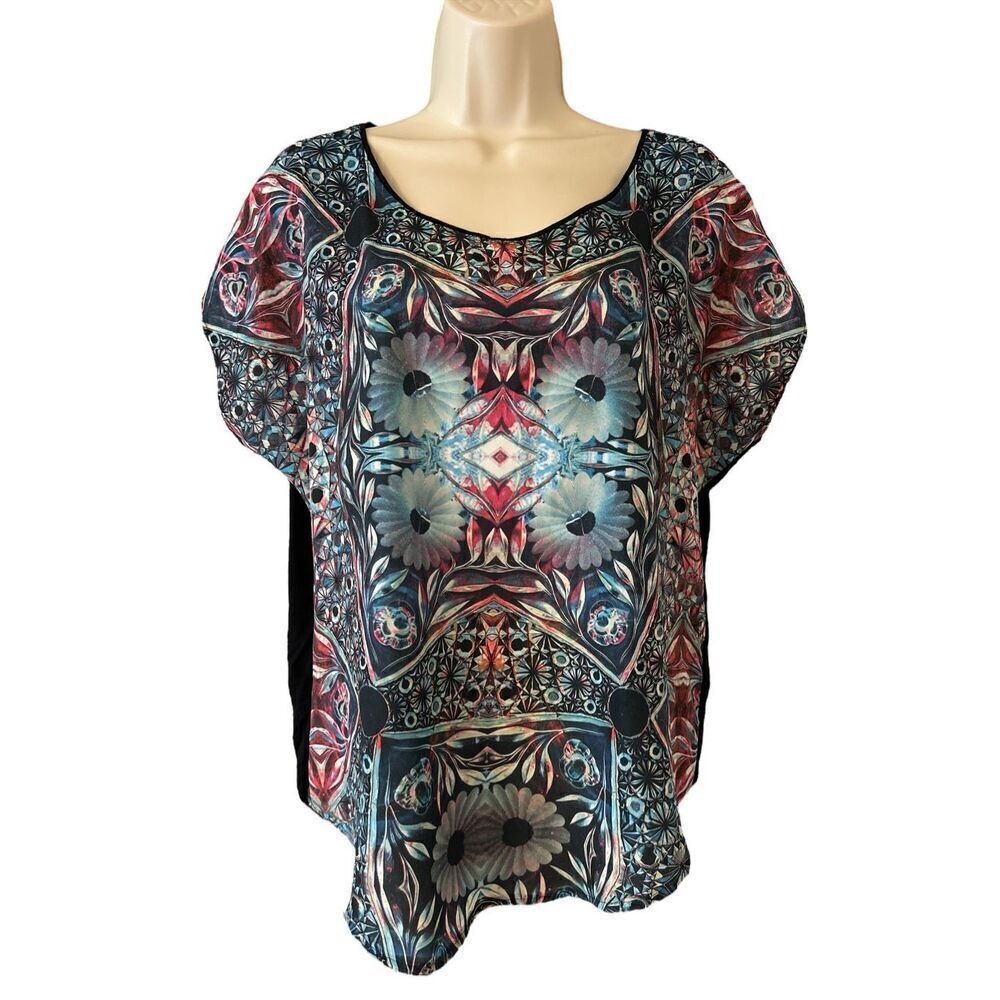 Rock & Republic Blouse Top Womens Size Medium Geometric Scoop Neck Cap Sleeve